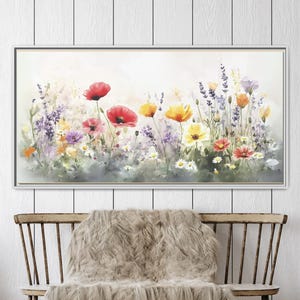Décoration murale sur toile encadrée de fleurs sauvages printanières, grande oeuvre d&#39;art florale aquarelle, impression botanique cottagecore, cadeau de fête des mères, décoration de ferme