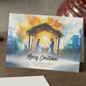 Personalized Nativity Christmas Greeting Card Set, Christian Watercolor Holiday Card Bundle, Merry Christmas Cards, Bulk Christmas Card Pack