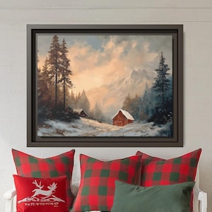 Winter Landscape Canvas Oil Painting Print of Red Barn in Snow, Cottagecore Decor, Farmhouse Christmas, Rustic Winter Wall Art Lodge Decor