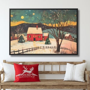 Lienzo de arte popular con paisaje invernal, arte mural con paisaje nevado, decoración rústica navideña para el hogar, impresión navideña vintage, marco para fotos con escenas naturales