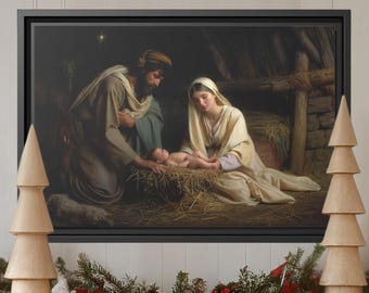 May include: A framed painting depicting the Nativity scene, with Joseph, Mary, and baby Jesus in a manger. The painting is displayed above a fireplace mantel decorated with wooden Christmas trees and a garland of greenery and red berries.