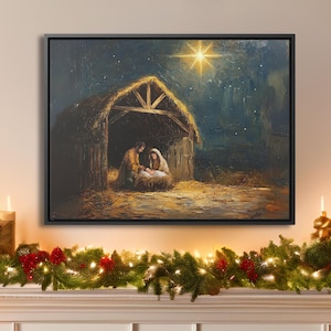Gorgeous Nativity Scene Christmas Decor Oil Painting Print on Canvas - Ready to Hang | Christian Holiday Home Decor | Religious Wall Art