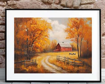May include: A painting of a red barn in a field with fall foliage. The barn is surrounded by trees with yellow and orange leaves. A dirt road leads to the barn, and there are a few cows in the field.