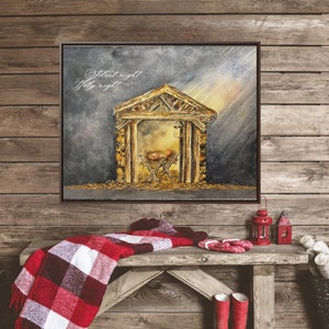 Impresión de pintura de acuarela original sobre lienzo de galería: arte religioso para pared, versículo de la noche de paz