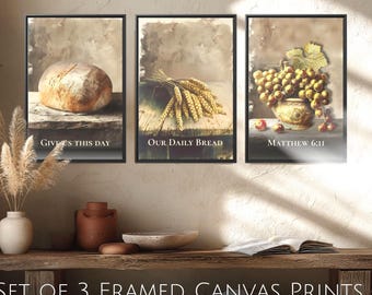 Christelijke muurkunstset | Geef ons heden ons dagelijks brood Schrifttekst | Religieuze canvasafdrukken | Ingelijste bijbeltekstdecor | Faith Home-cadeau