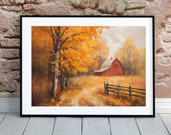 May include: A framed painting of a red barn in a field with fall foliage. The barn is surrounded by trees with yellow and orange leaves. A dirt road leads to the barn.