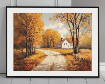 May include: A painting of a white farmhouse with a chimney, surrounded by trees with yellow leaves. A dirt road leads to the house, with a fence on the right side of the road.