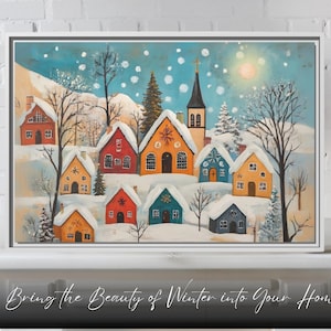 Lienzo enmarcado de un pueblo invernal: Escena navideña nevada, decoración navideña para el hogar