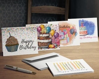 Colorful Birthday Card Set - 5 unique designs in package | Watercolor Greeting Card |  Envelopes Included | Hand Painted | Inside Image