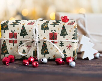 Rollo de papel de regalo de Navidad vintage - Envoltura de regalo de vacaciones de invierno retro - Papel de regalo vintage festivo - Envoltura de regalo de Navidad clásica