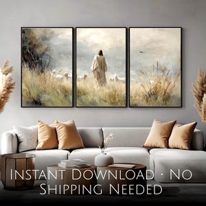 Good Shepherd Wall Art Set of 3 | Digital Christian Printable | Jesus and Sheep Scripture Decor Religious Home Decor | Jesus Art Triptych
