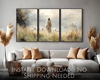May include: A three-panel canvas print set featuring a painting of a man walking through a field with sheep. The painting is done in a muted color palette with shades of brown, beige, and white. The man is wearing a long robe and has his back to the viewer. The sheep are scattered throughout the field. The canvas prints are framed in black.