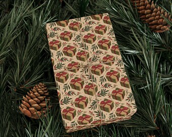 Vintage Christmas Wrapping Paper Roll - Retro Winter Holiday Gift Wrap - Festive Vintage Presents Wrapping Paper Classic X-mas Gift Wrap
