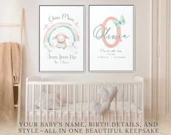 May include: Two framed nursery art prints. One features a lamb, rainbow, and text "Jesus Loves Me". The other has a butterfly and the name "Olivia" with birth details: March 20, 2026, 7:45 am, 7 lbs 8 oz, 19.7 inches.