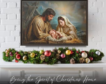 May include: A framed painting depicting the Nativity scene, with Joseph, Mary, and baby Jesus. A Christmas garland with red, gold, and silver ornaments and pinecones decorates the mantel. The text "Bring the Spirit of Christmas Home" is at the bottom.