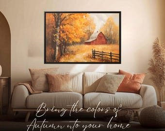 Red Barn and Autumn Trees Oil Paint Fine Art Canvas Print, Landscape Painting, Nature Wall Art, Large Wall Art, Framed Vintage Autumn Canvas