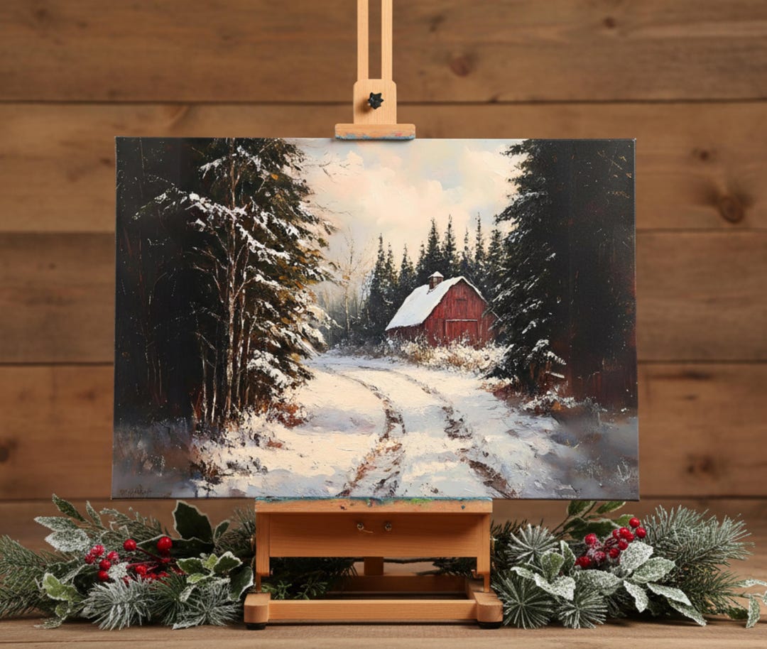 Winter Farmhouse Wall Art Printable, Red Barn Winter Landscape, Country ...