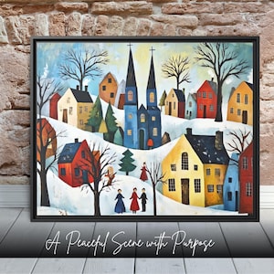 Lámina de pueblo navideño: decoración navideña rústica, lienzo cristiano para pared, lámina navideña de arte popular enmarcada, decoración navideña vintage