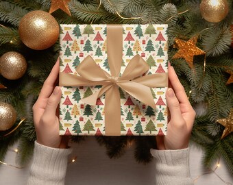 Vintage Christmas Wrapping Paper Roll - Retro Winter Holiday Gift Wrap - Festive Vintage Tree Wrapping Paper Classic X-mas Gift Wrap