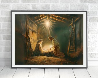 Nativity Scene Print on Archival Matte Fine Art Paper | Framed Wall Art Home Decor | Christian Holiday Home Decor | Religious Wall Art