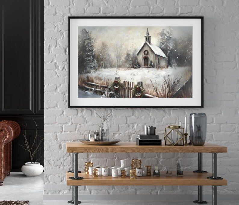Snowy Country Church Christmas Art Print, Winter Scene Wall Hanging, X