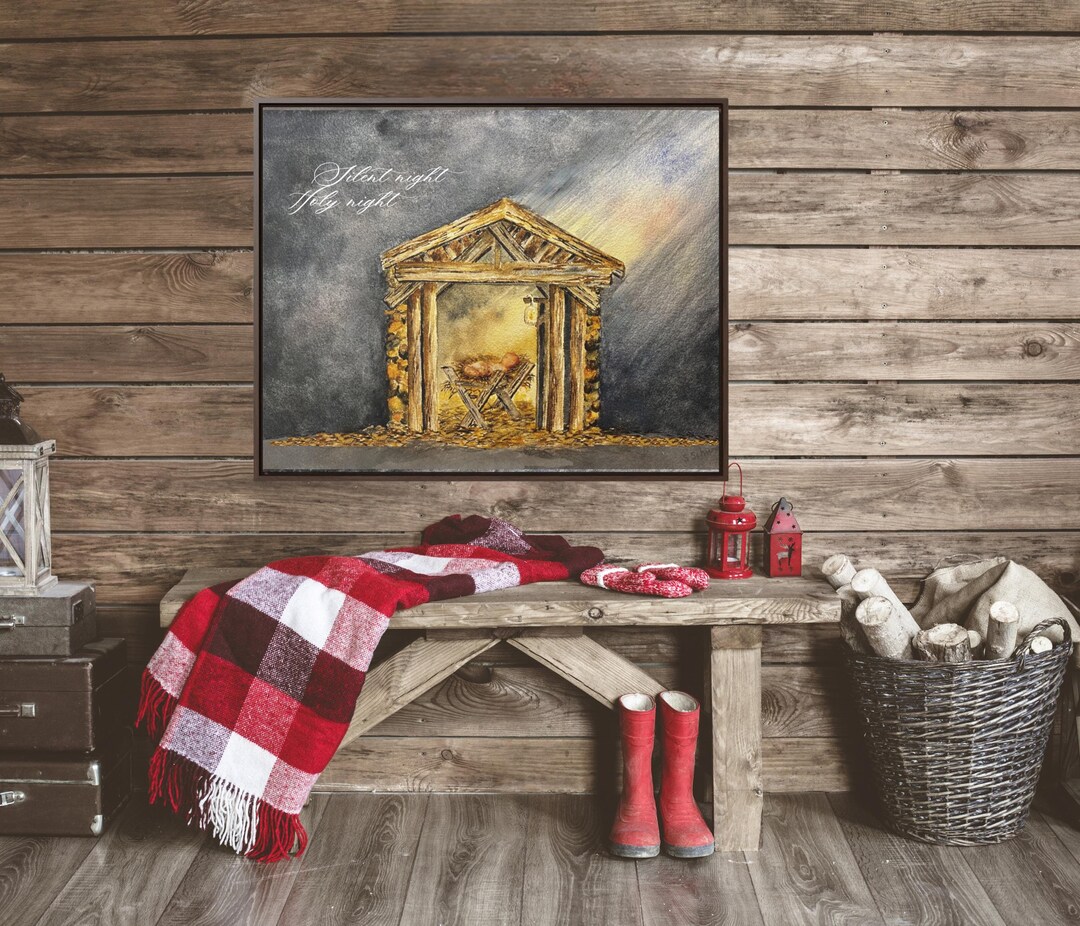 Original Nativity Scene Watercolor Painting Print on Gallery Canvas ...