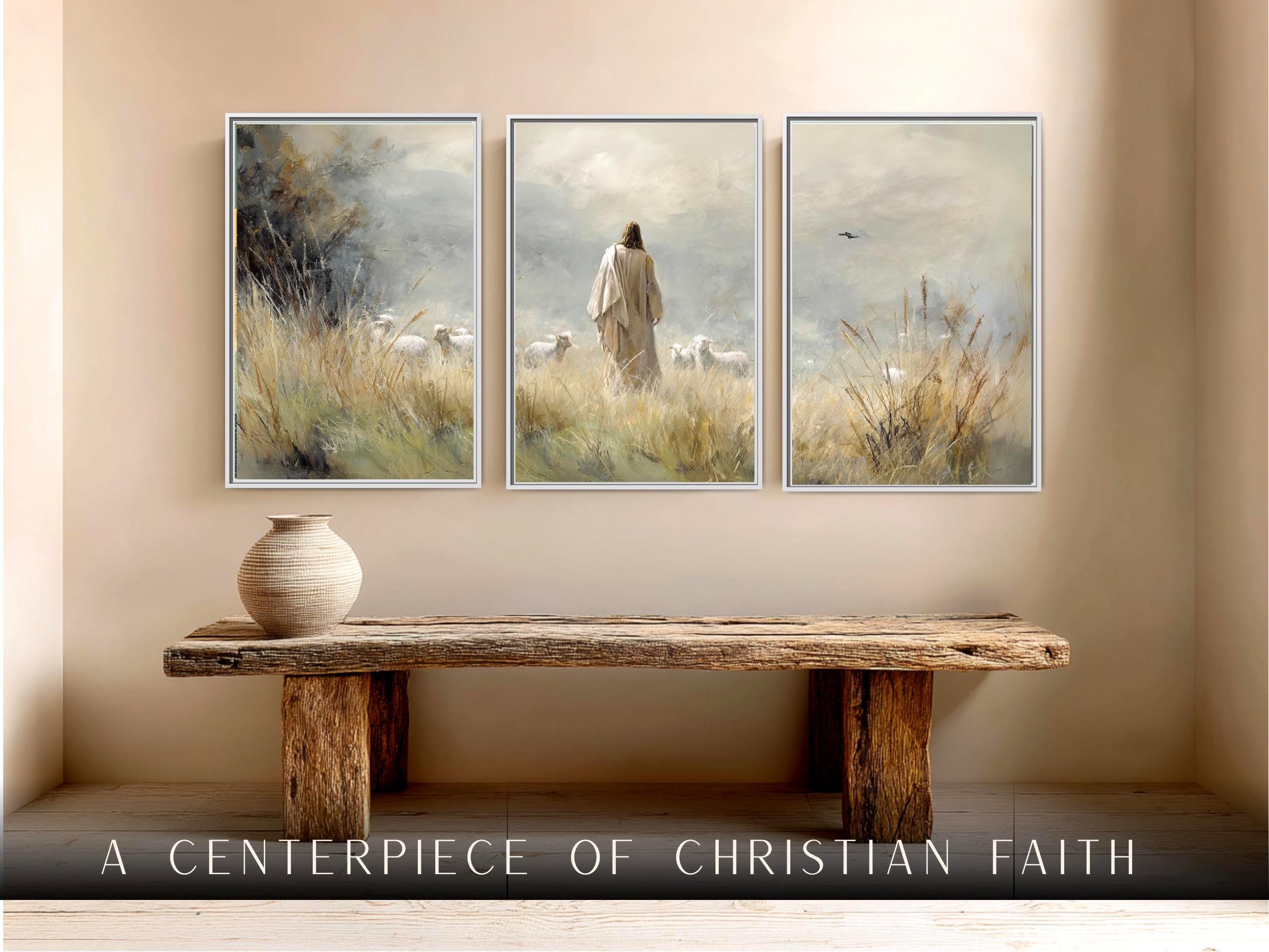 Psalm 23 Wall Art Set of 3 – Framed Christian Home Decor, The Lord Is My Shepherd Canvas Prints, Faith-Based Gift for Her, Scripture Art