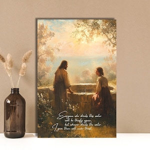Bible Verse &#39;Never Thirst&#39; Christian Oil Painting Print - Religious Home Decor Christian Bible Verse Wall Art, Inspirational Canvas Print