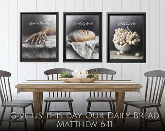 Christelijke muurkunstset | Geef ons heden ons dagelijks brood Schrifttekst | Canvasafdrukken Geloof | Ingelijste bijbeltekstdecor | Religieus huiscadeau