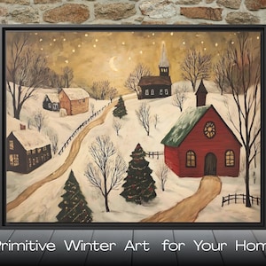 Primitive Winter Art Canvas Print, Vintage Christmas Countryside Print, Framed Country Wall Decor, Holiday Gift, Winter Folk Art Framed
