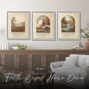 May include: Three framed art prints with landscape scenes, each within an arched frame. The prints feature muted colors of beige, brown, and green. Each print has a Bible verse at the bottom. The text "Faith-Based Home Decor" is at the bottom.