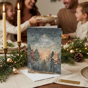 Personalized Christian Christmas Card, Woodland Scene With Silent Night Message and Custom Family Greeting