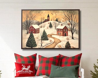 Framed Winter Landscape Canvas Print: Folk Art Christmas Decor