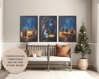 Nativity Canvas Wall Art Set of 3 | Holy Family Christmas Prints | Framed Christian Painting | Faith-Based Home Decor | Religious Gift