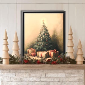 Christmas Tree Painting Oil Canvas Print, Winter Wall Art, Farmhouse Christmas, Holiday Prints, Retro Christmas, Vintage Holiday Decor