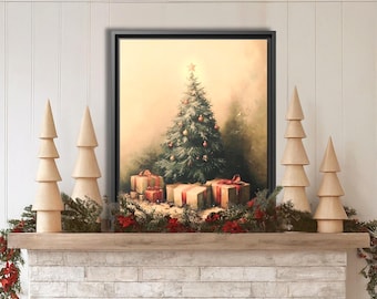 Christmas Tree Painting Oil Canvas Print, Winter Wall Art, Farmhouse Christmas, Holiday Prints, Retro Christmas, Vintage Holiday Decor
