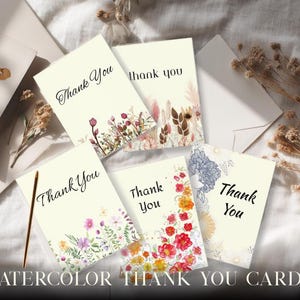 Watercolor Thank You Cards – Set of 5 Unique Floral Notecards with Envelopes, Blank Inside, Greeting Card Set for Weddings & Gifts