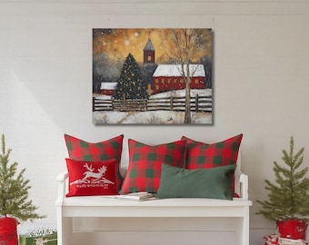 Leinwanddrucke, Winter Volkskunst Rote Landkirche, Wand Kunst Dekor, Wohnkultur, Rustikale Bauernhaus Dekor, Weihnachtsdekoration, Weihnachtsgeschenk