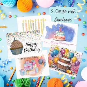 Conjunto de cartões de aniversário coloridos - 5 designs exclusivos no pacote | Cartão de felicitações em aquarela | Envelopes incluídos | Pintado à mão | Imagens internas
