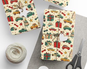 Vintage Toy Car Christmas Wrapping Paper, Festive Holiday Gift Wrap