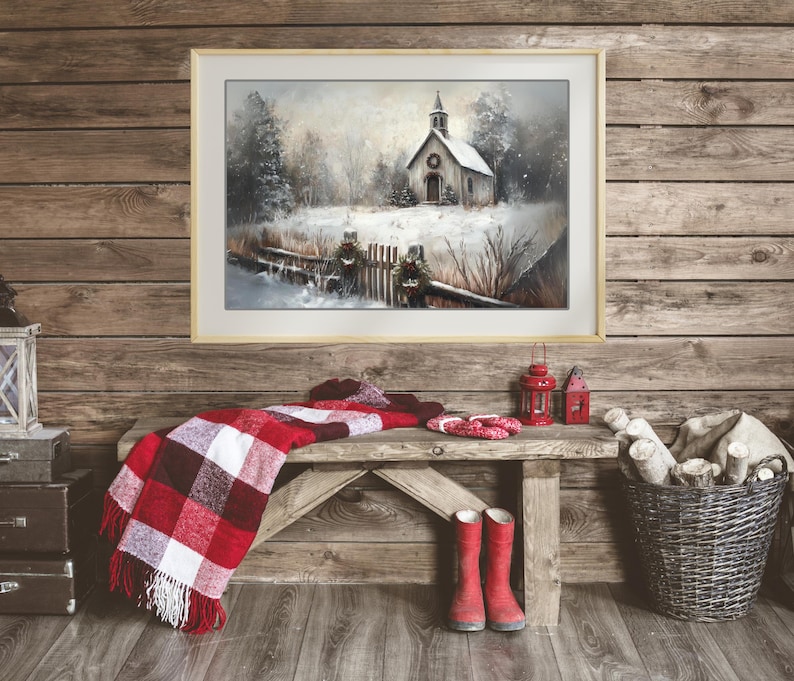 Snowy Country Church Christmas Art Print, Winter Scene Wall Hanging, X