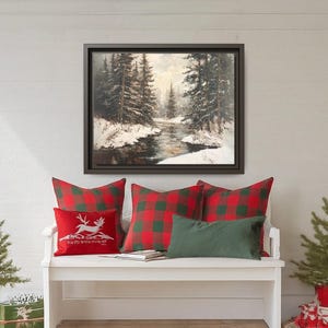 Snowy Winter Wall Decor Canvas, Framed Snowy Trees Wall Art, Farmhouse Christmas Rustic Winter Art, Oil Painting Print, Christmas Wall Decor