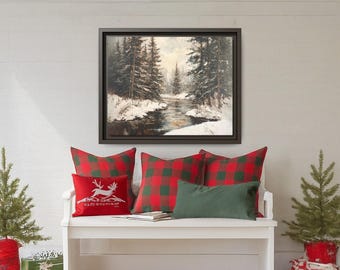Snowy Winter Wall Decor Canvas, Framed Snowy Trees Wall Art, Farmhouse Christmas Rustic Winter Art, Oil Painting Print, Christmas Wall Decor