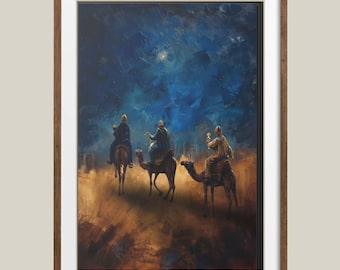 May include: An artistic framed print depicts three figures on camels and horses, set against a dark blue and brown backdrop. The painting evokes a sense of travel and adventure, with a focus on the figures and their journey.