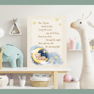 Wall Decor for Nursery, Now I Lay Me Down to Sleep Canvas Prayer Print, Baptism Gift, Baby Gift, Nursery Wall Art, Godchild Baptism Sign