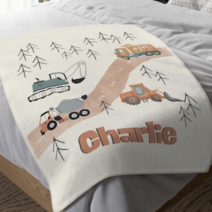 Soft Personalized Construction Themed Baby Blanket: Custom Name Blanket for Kids, Construction Nursery Decor, New Baby Gift