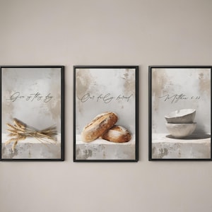 Christian Wall Art Set, Our Daily Bread Matthew 6:11 Scripture, Three-Piece Framed Canvas