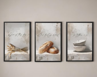 Christelijke wanddecoratieset, 'Ons dagelijks brood' Mattheüs 6:11 Bijbeltekst, driedelig ingelijst canvas