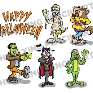 Peut inclure: Une salutation de joyeux Halloween avec cinq personnages de dessin animé habillés en momie, loup-garou, Frankenstein, vampire et monstre vert.