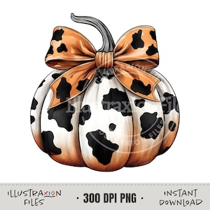 May include: A white pumpkin with black cow spots and an orange and black bow. The pumpkin is drawn in a vintage style.